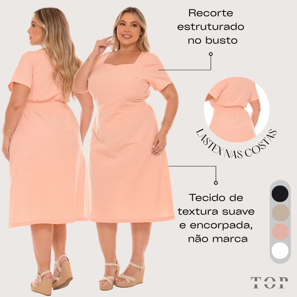Vestido Midi Plus Size Clássico com Manga e Lastex na Cintura Decote Discreto