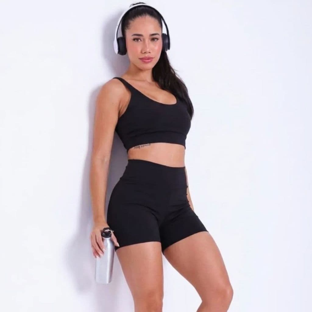 Conjunto Fitness Short + Top Preto Cintura Alta Zero Transparência Poliamida