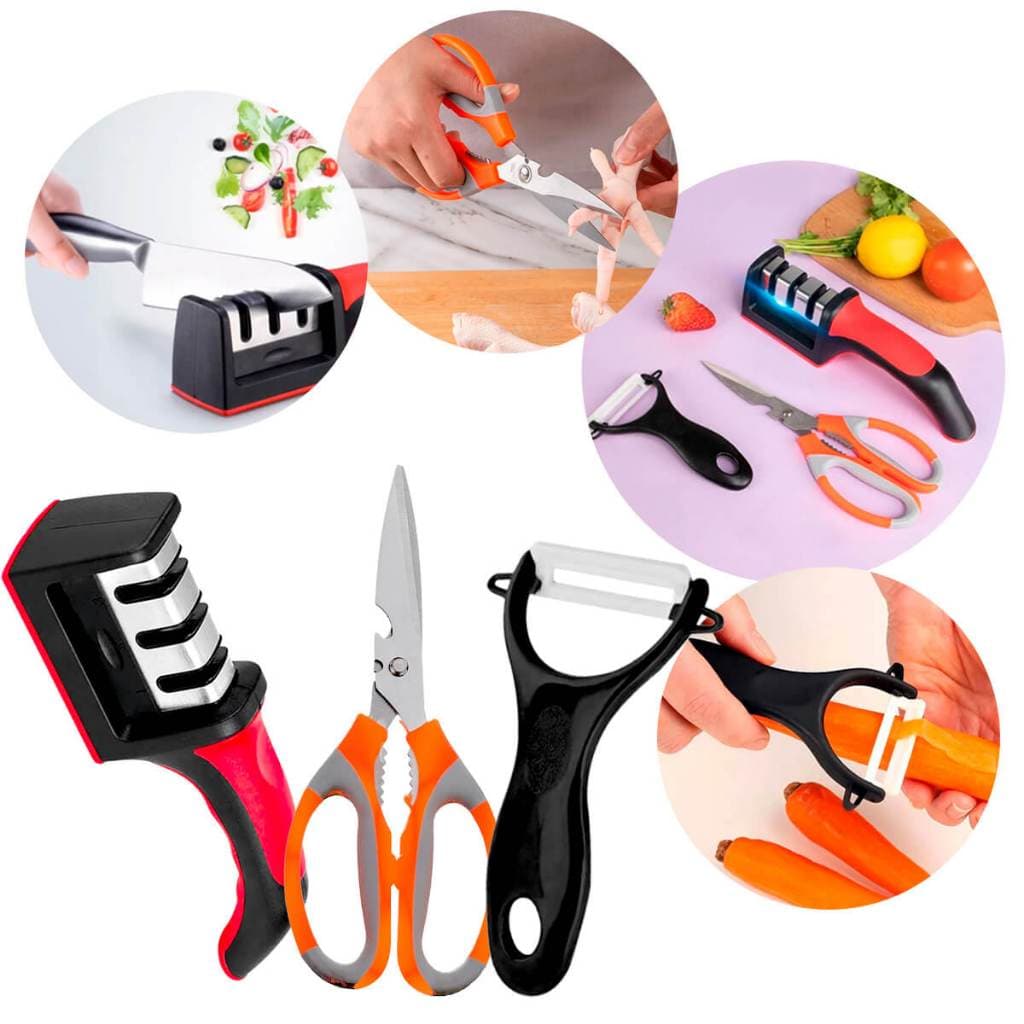 Kit Cozinha Afiador Amolador de Facas, Tesoura, Descascador Legumes [3 Peças]