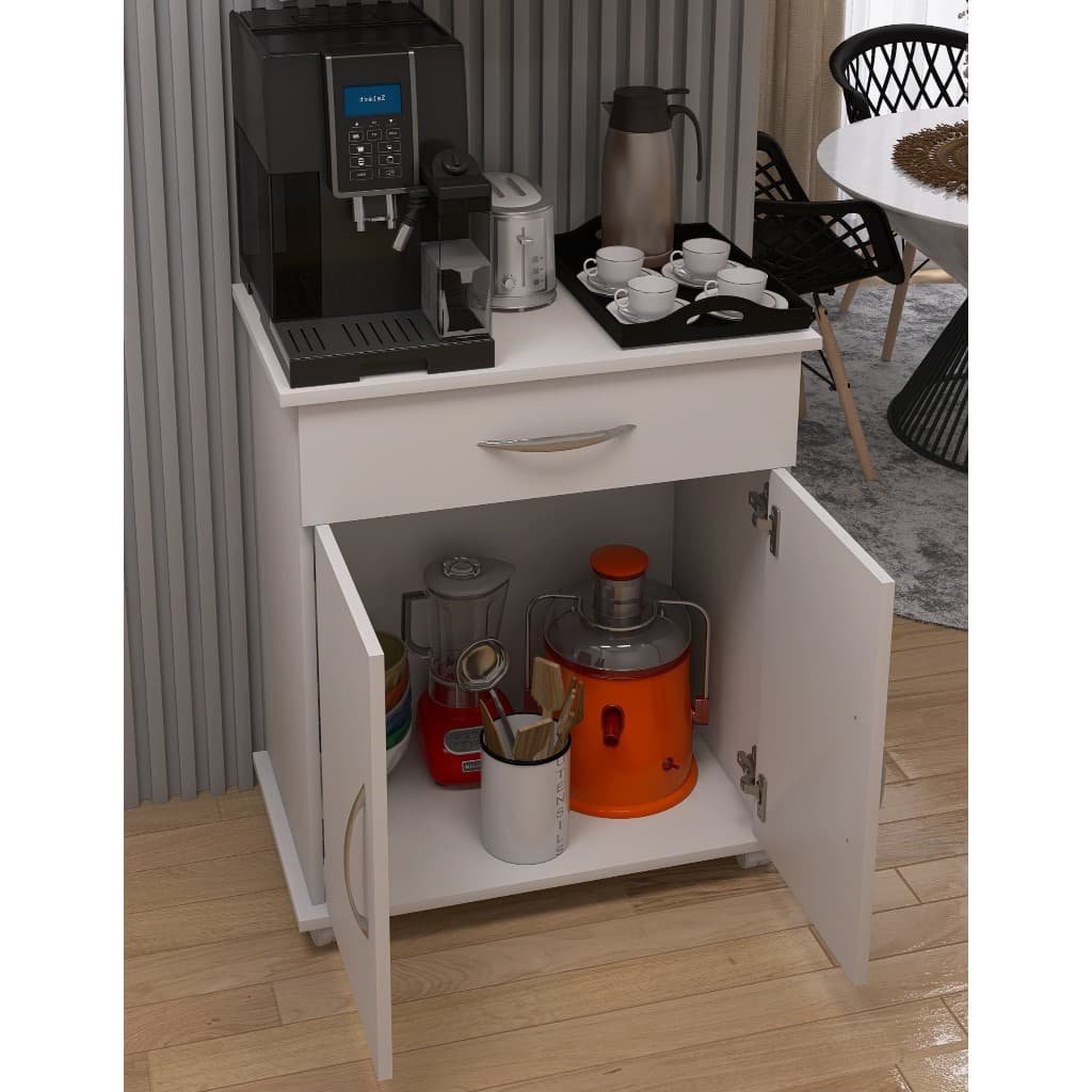 Armário Gabinete Multiuso com Gaveta | Móvel com Rodinhas para Cozinha, Banheiro, Quarto e Escritório | Branco Moderno