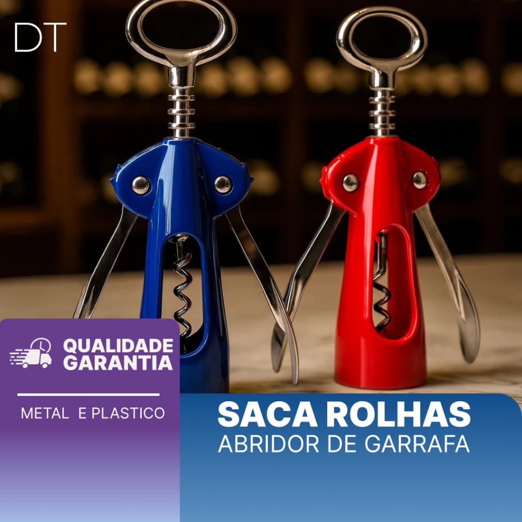Saca Rolhas Profissional Abridor de Vinhos Garrafas De Metal Com Acabamento Plástico Azul e Vermelho