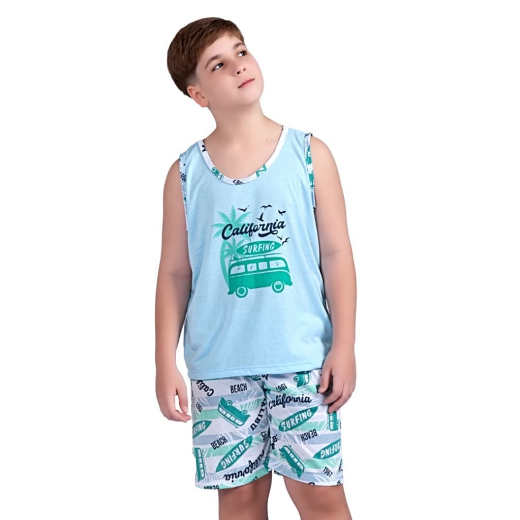 Pijama Infantil Masculino Menino Estampado Azul Conjunto Regata Camisa Short
