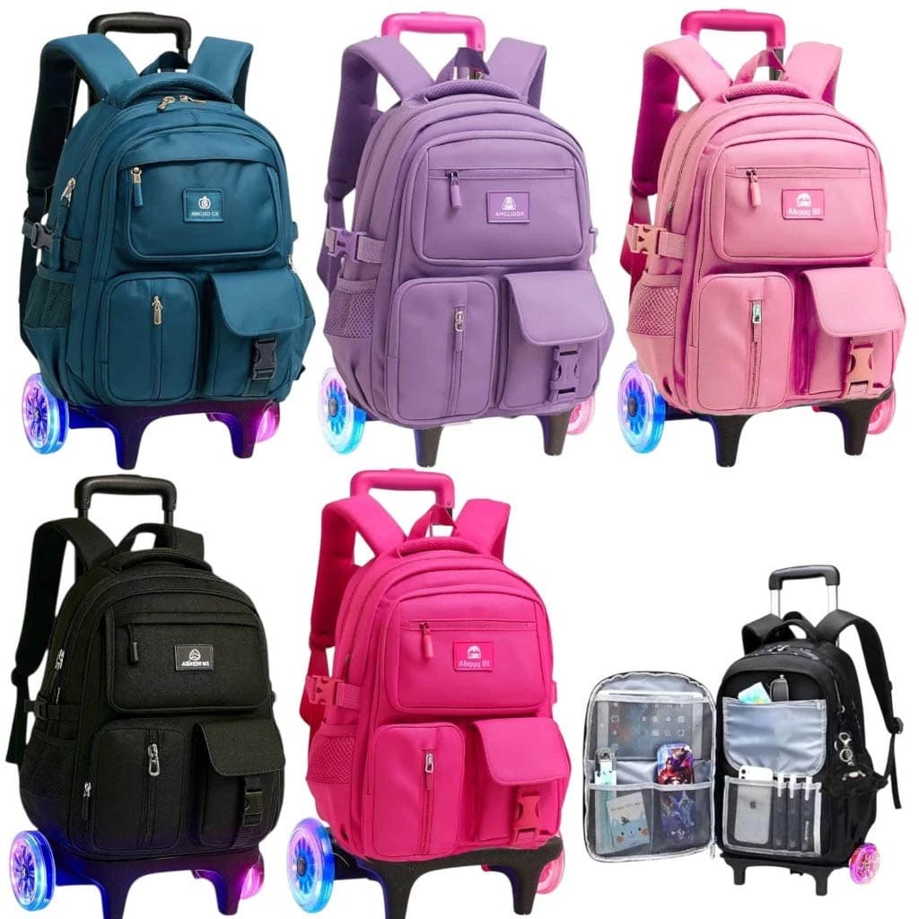 Mochila de rodinhas escolar, infantil para crianças de 6 a 12 anos grande capacidade, rodinha de LED