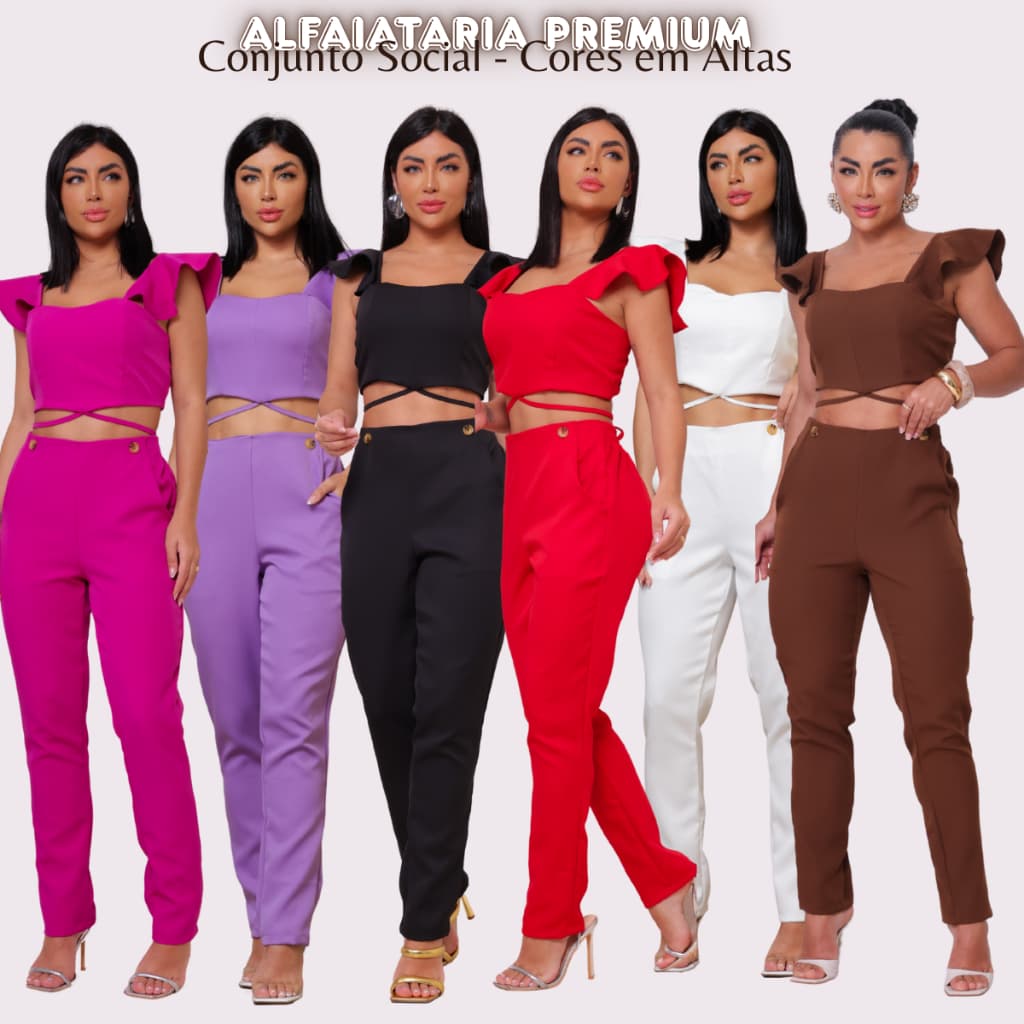 Conjunto Feminino Social Alfaiataria Calça Cós com Elástico + Cropped com Lastex Costas Elegante