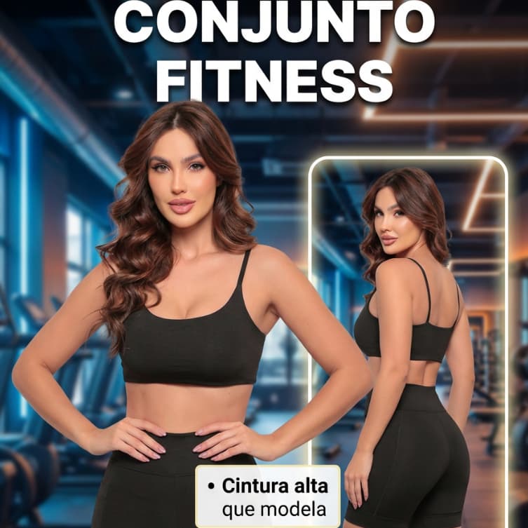 Conjunto Academia Short Bolso + Top Duplo Regata Poliamida Corrida Roupa de Treino Feminina Cós Alto