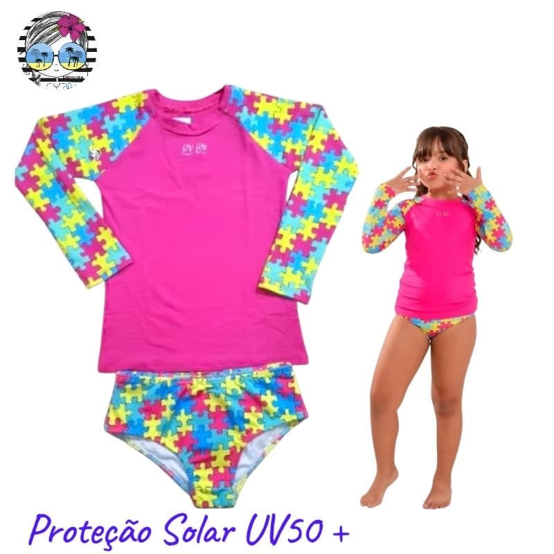 Biquíni Infantil Autismo + Camisa com Proteção Solar UV 50+ Forrado Não Cavado