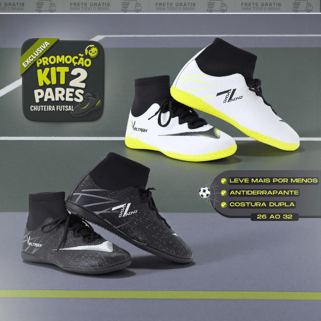 KIT 2 Pares Chuteira Infantil Futsal 26 ao 33 Costura Dupla Direto da Fábrica Resistente