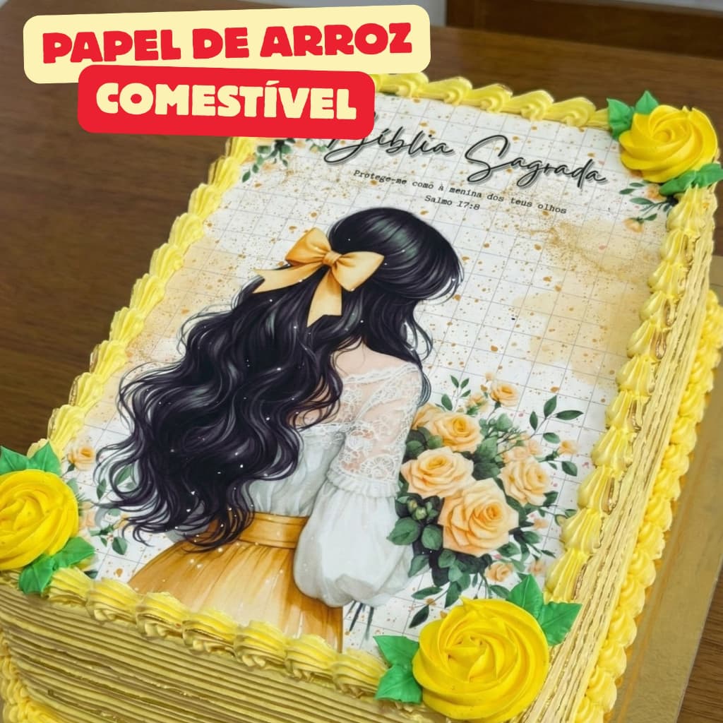 Papel de Arroz COMESTIVEL Bolo Bíblia Mulher c/ Laço - A4 Comestível Realista