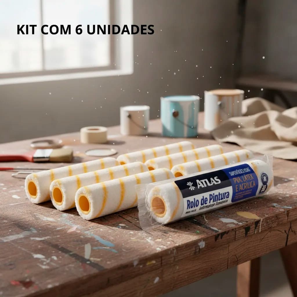 Kit 6 Rolos Lã Anti respingo 23cm Atlas 773/10 Econômico Pintura Parede Látex PVA Acrílica 10mm