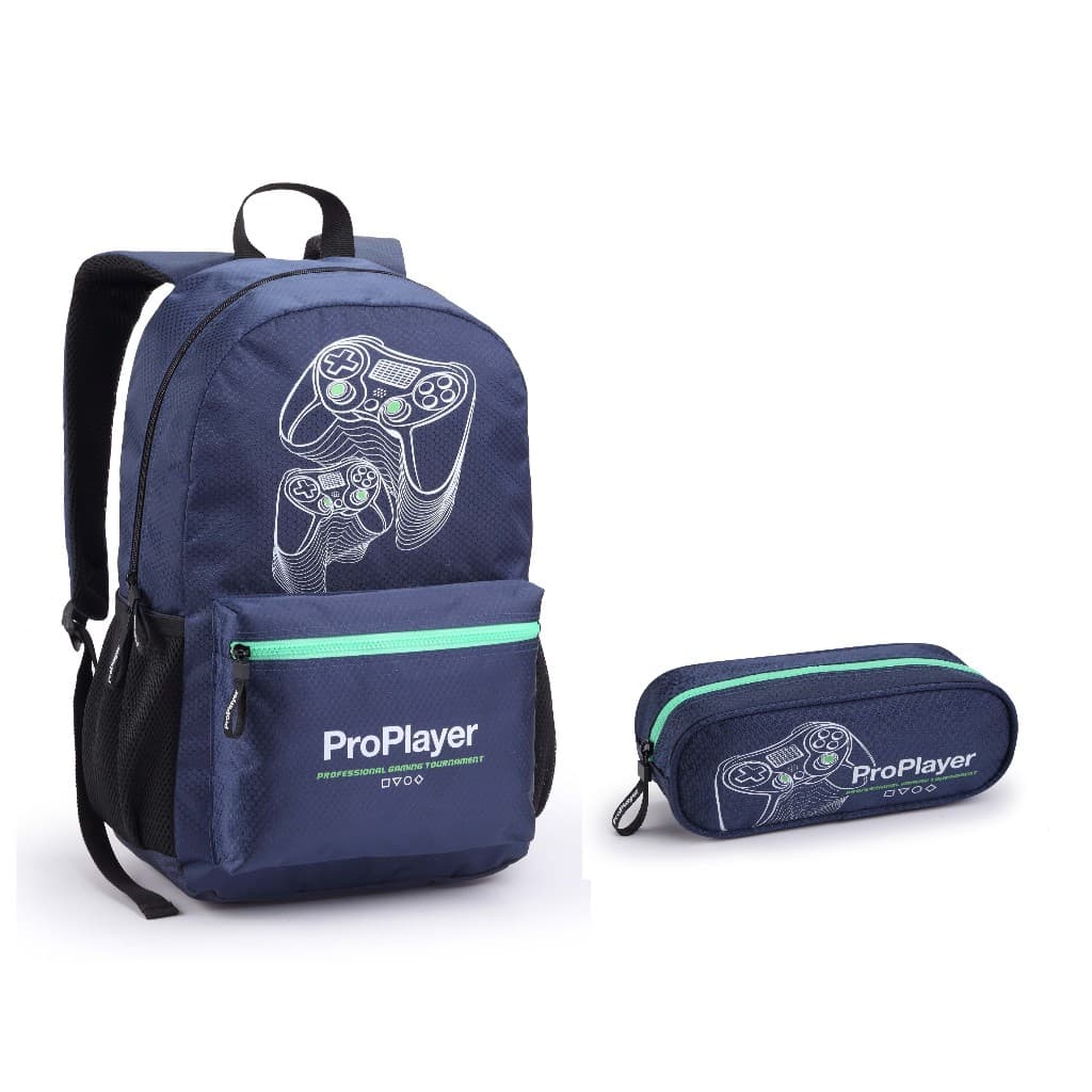 mochila escolar + estojo  pro player cores azul/preto