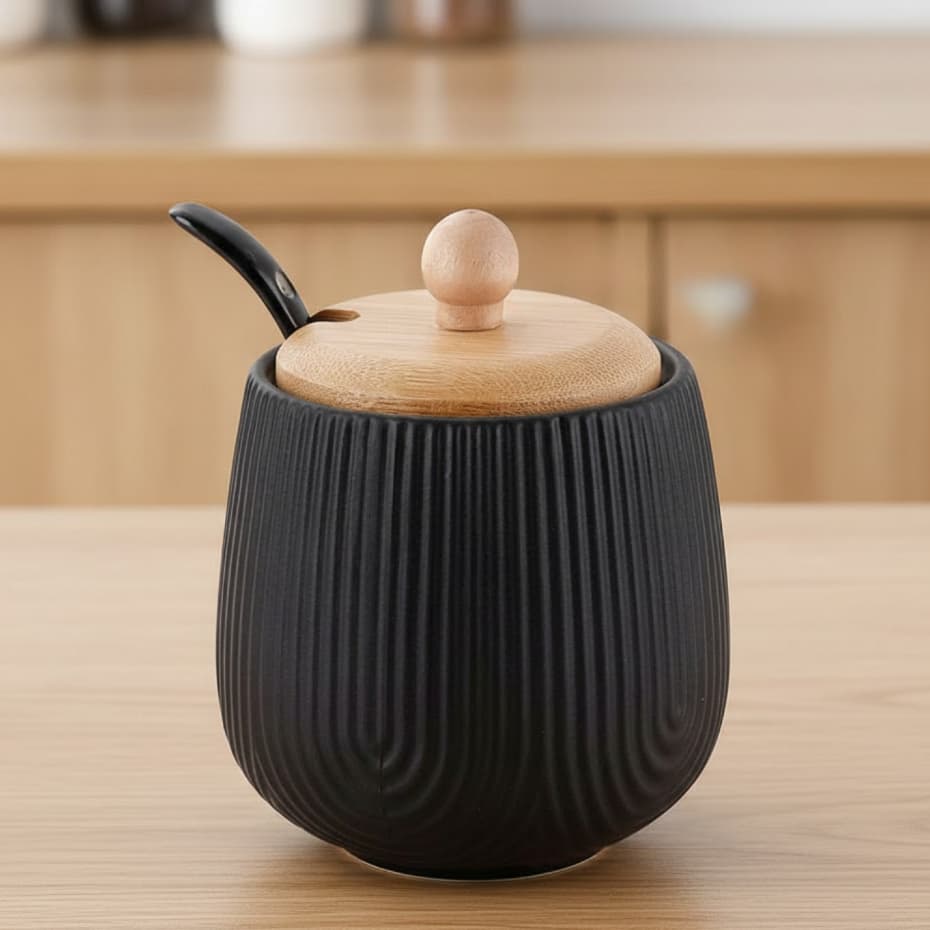 AÇUCAREIRO COM COLHER DE CERÂMICA OASIS PRETO 360ML