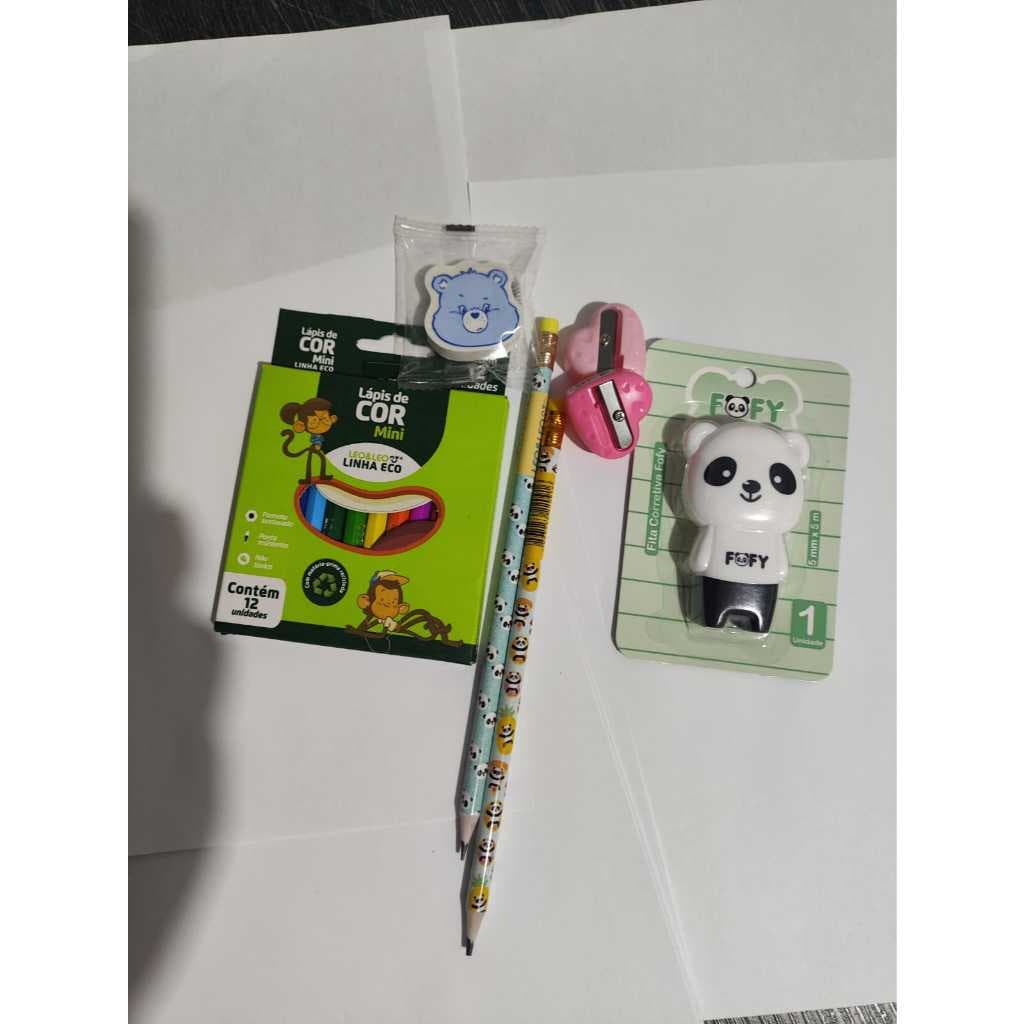 Kit Escolar Fofo – Lapis de cor +2 lapis +borracha ursinho+2 apontadores coracao+corretivo