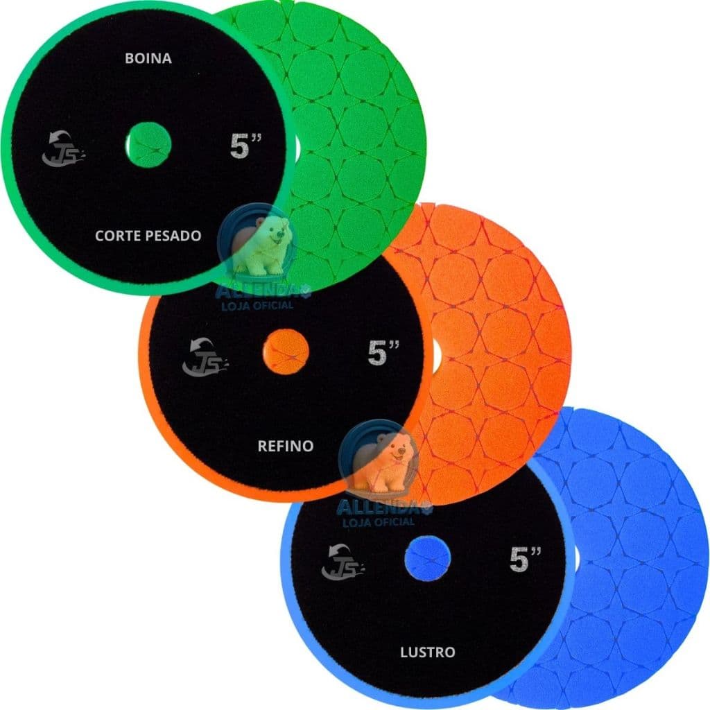 KIT 3 BOINA DE POLIMENTO 5 POLEGADAS AUTOMOTIVA CORTE PESADO VERDE REFINO LARANJA LUSTRO AZUL