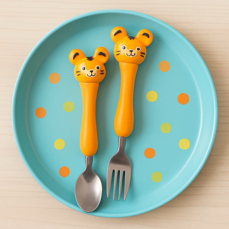 Talheres Infantis com Estojo 15cm Colher e Garfo Infantil Antiderrapante em Aço Inox Colher e Garfo para Criança