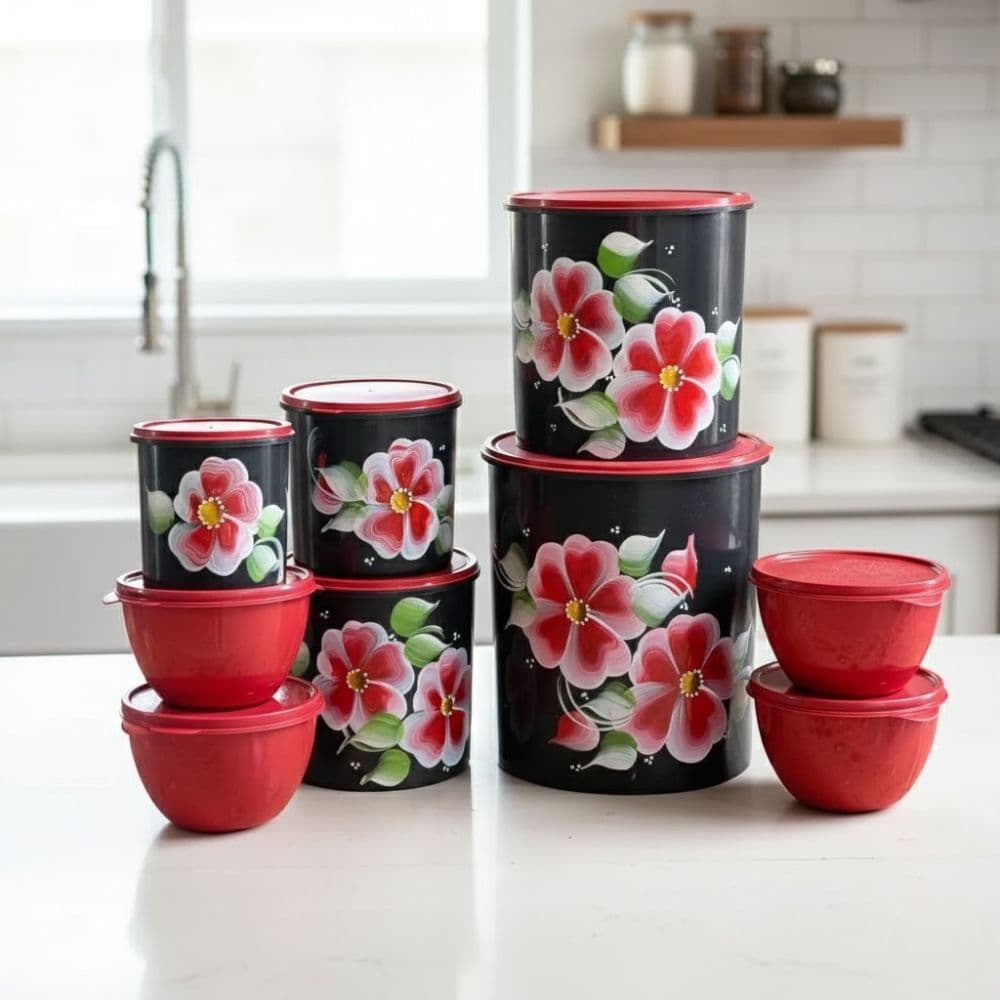 Kit Plástico Moderno 5 Potes Mantimento Decorados à Mão e 4 Redondos Cozinha Organização Alimentos Condimentos