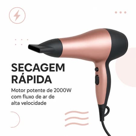 Secador de Cabelo 1200 W Bivolt Rosa Portátil Compacto com Bico 2 Velocidades Leve Viagem Academia