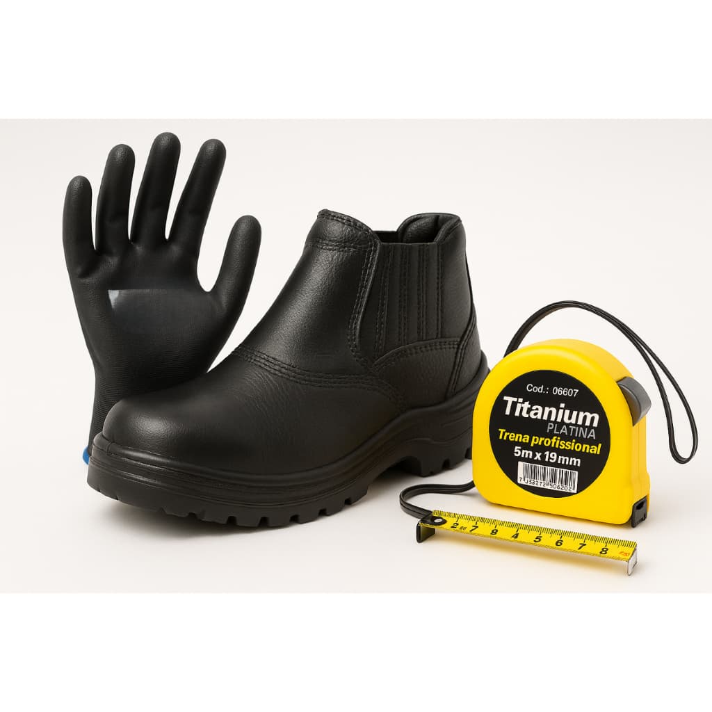 Kit Epi Segurança Para PEDREIRO Botina de Couro com Biqueira PVC + Luva de Couro + Trena 5 mts