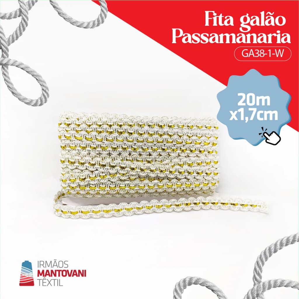 Fita Galão Passamanaria GA38-1-W 1,7cm – 20m | Branco e Dourado | Costura Criativa, Artesanato,