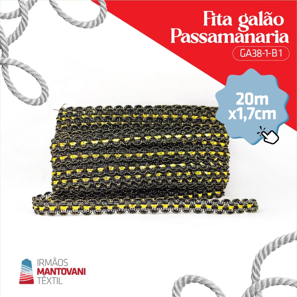 Fita Galão Passamanaria GA38-1-B 1,7cm – 20m | Preto e Dourado | Costura, Roupas, Festas