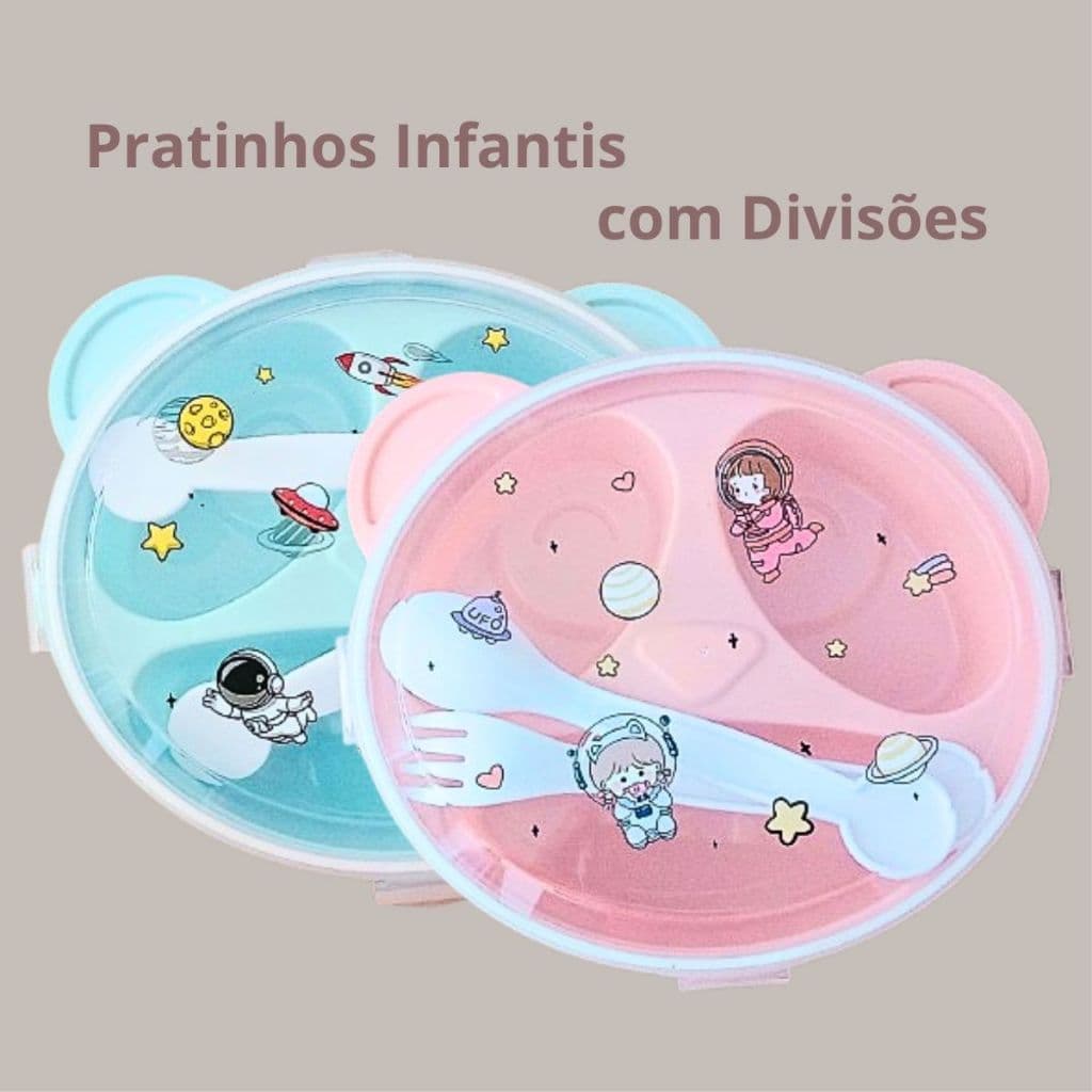 Pratinho Infantil de Plástico com 3 divisões vem com Garfinho e Colherinha Tampa com 4 Travas