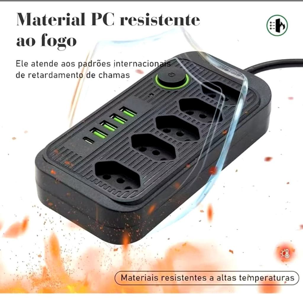 Tomada elétrica de cinco pinos com quatro portas USB e uma porta USB-C