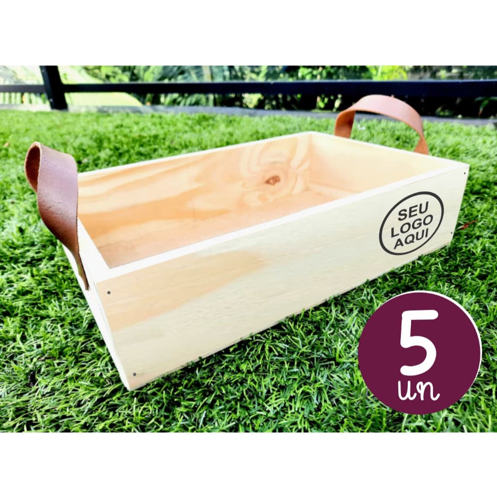 KIT 5un - Bandeja Milão 35x25x7cm + PERSONALIZAÇÃO - Pinus com alça em couro