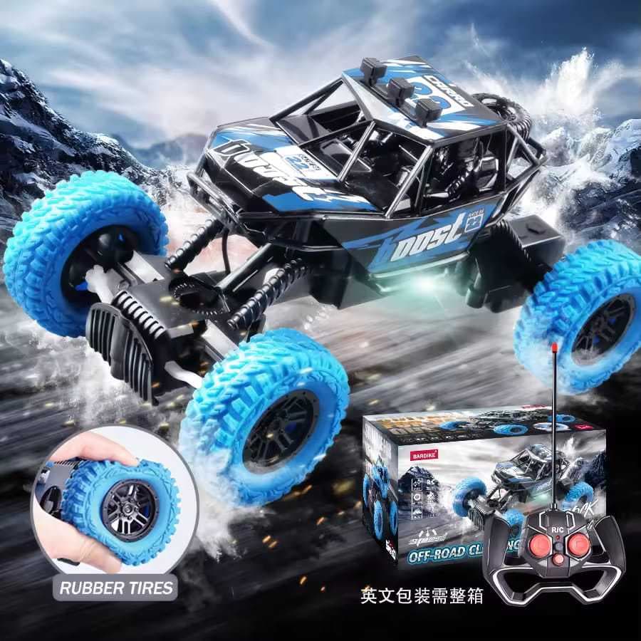 Carro de controle remoto com luzes piscantes coloridas, rodas de borracha, off-road