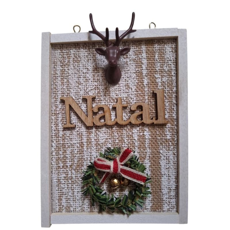 Enfeite de Porta Natalino Quadro de Madeira Cabeça de Cervo /Guirlanda 20x15 cm