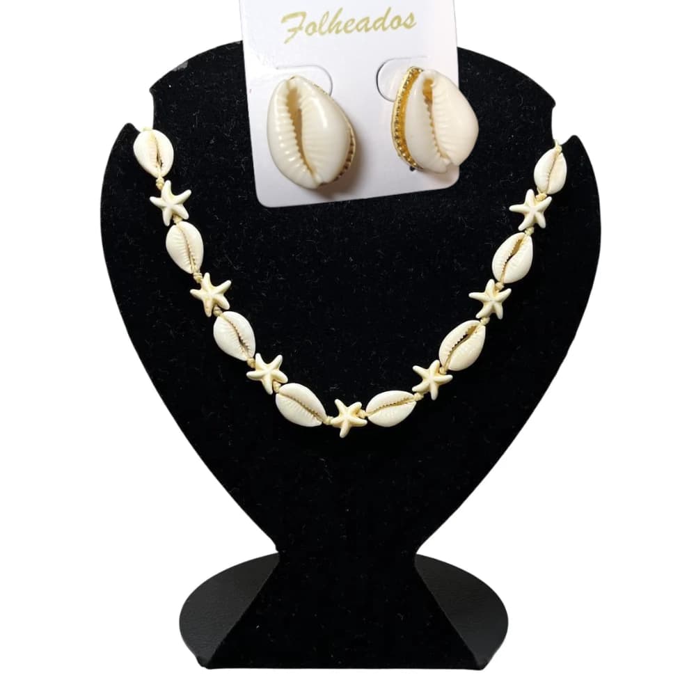 Conjunto Praia Deluxe: Choker Búzios com Estrelas + Brinco Búzios