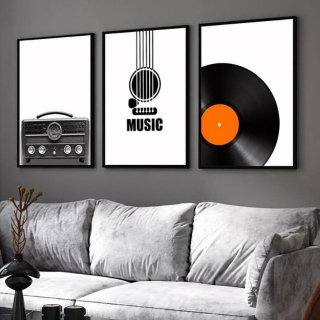Quadros Decorativos 3 Peças Música Preto e Branco Novo