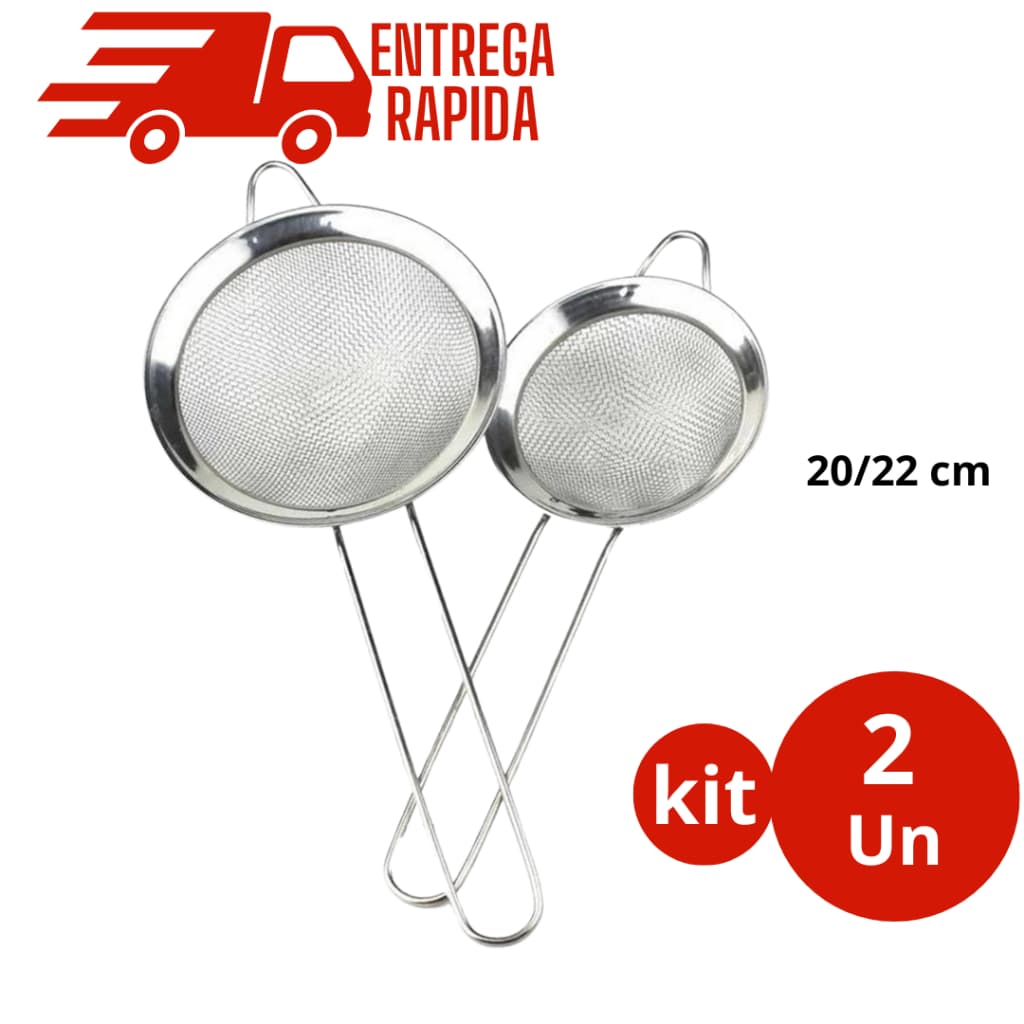 Kit 2 Peneira Coador Manual Aço Inox Reforçada 20cm 22cm Utensilio de Cozinha Multiuso Premium