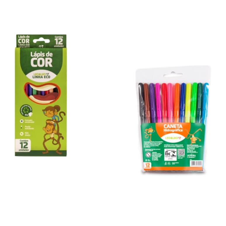 Kit com 12 Lapis de cor Leoleo + Kit Com 12 Canetinha Leoleo