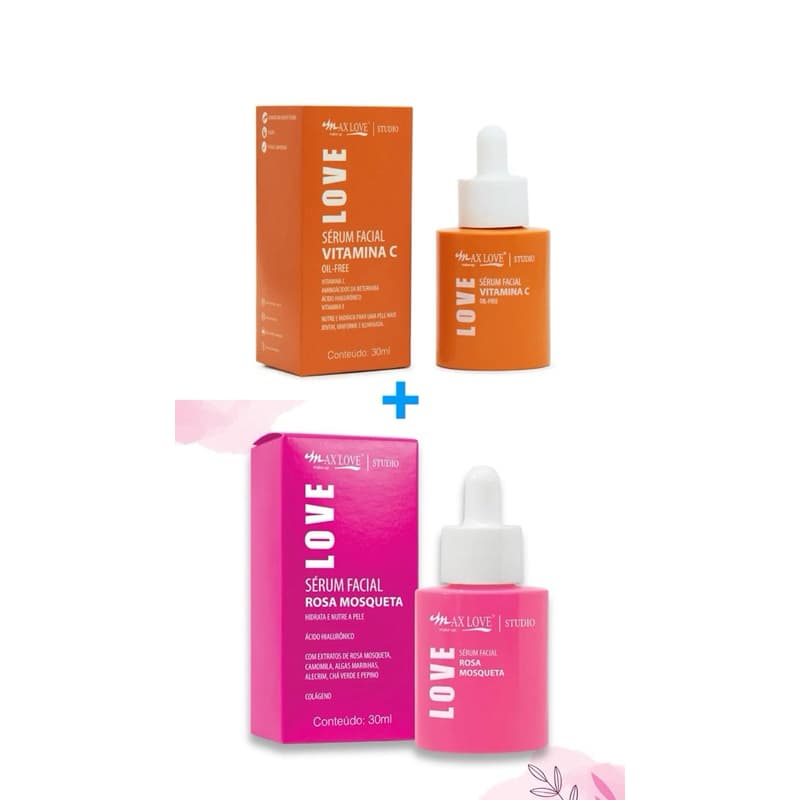 Kit 2 Séruns Faciais Max Love – Vitamina C, Rosa Mosqueta, Redutor de Poros e 3 em 1 – Skincare Diário