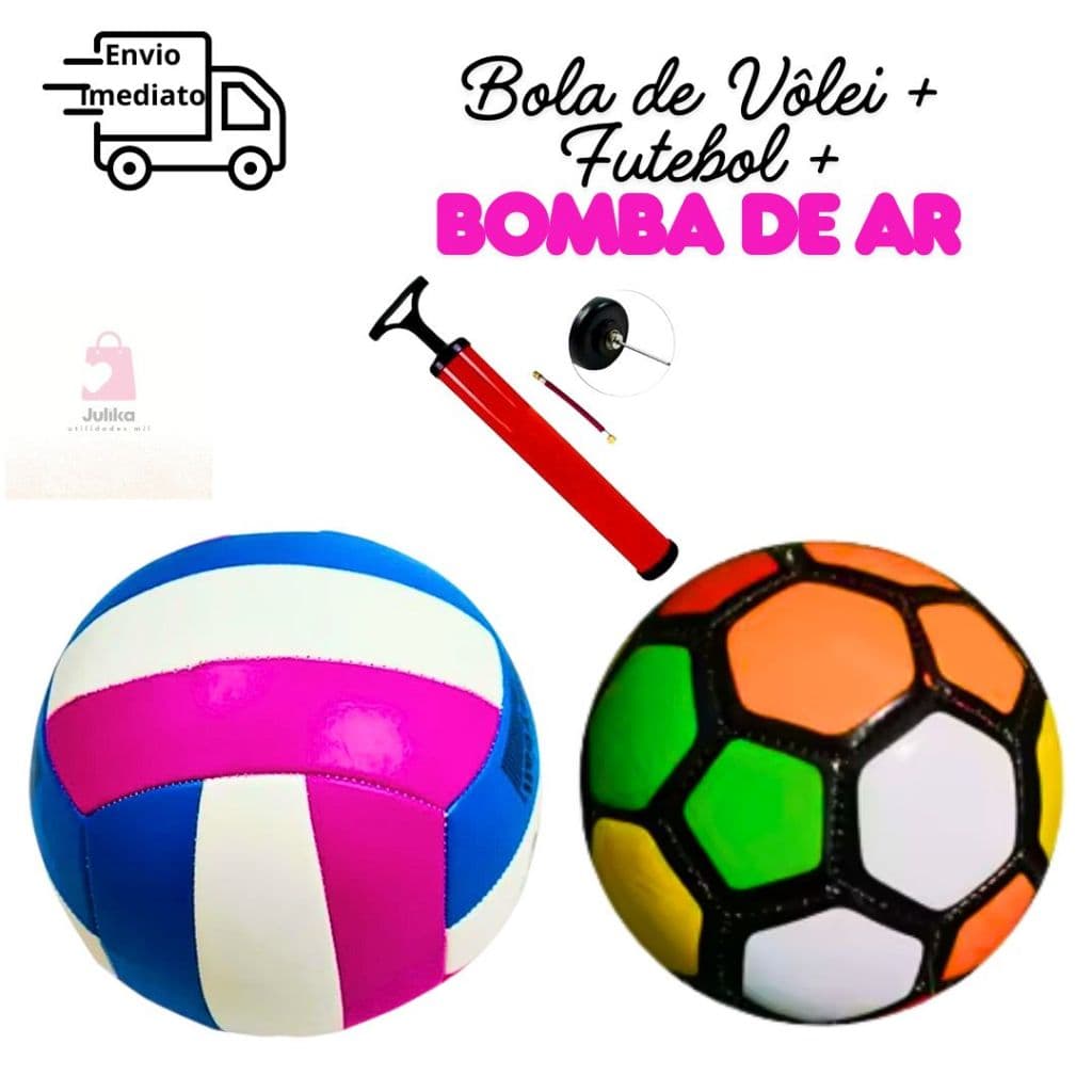 Kit Bolas Futebol e Vôlei + Bomba Manual Para Treino Escola Praia Campo Adultos e Crianças