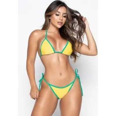 CONJUNTO BIQUINI BRASIL CORTININHA FIO DENTAL DE AMARRAR VERDE E AMARELO COPA