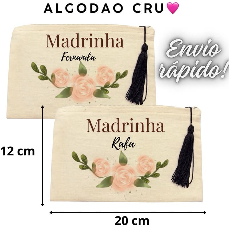 Kit c/ 13 Necessaire Madrinha Personalizada Floral | Presente Elegante | Nome e Arte Exclusiva