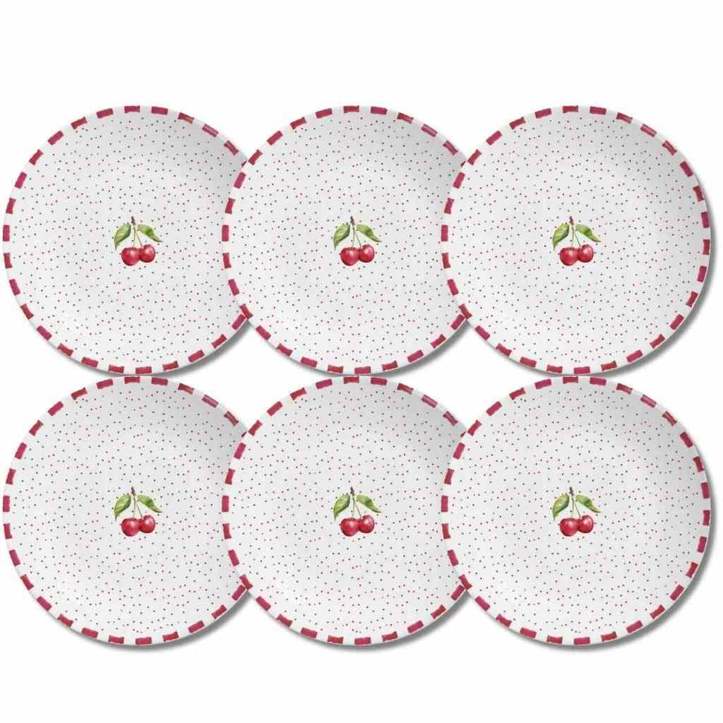 Jogo 6 Prato Raso De Cereja Amarena Em Cerâmica Alleanza Branco e Vermelho Prato de Jantar
