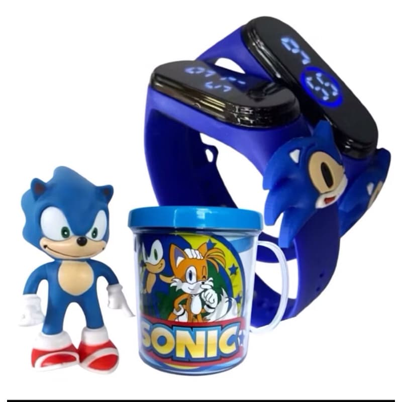 Presente Sonic The Hedgehog: 1 Boneco Miniatura + 1 Caneca + 1 Relógio Azul