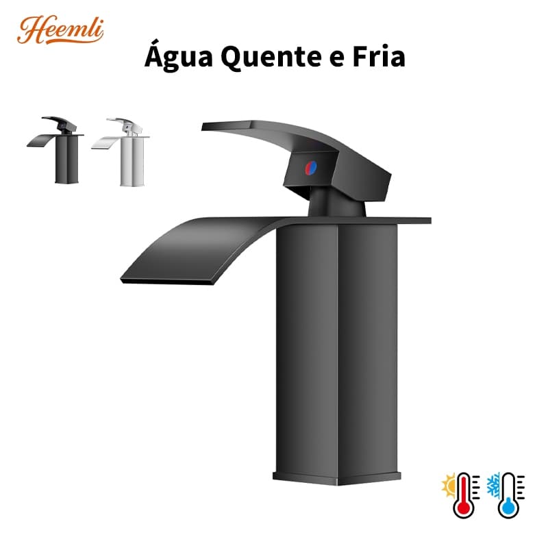 Heemli Torneira Banheiro Cascata Quadrada Baixa Inox Preta ou Cromada Quente e Fria