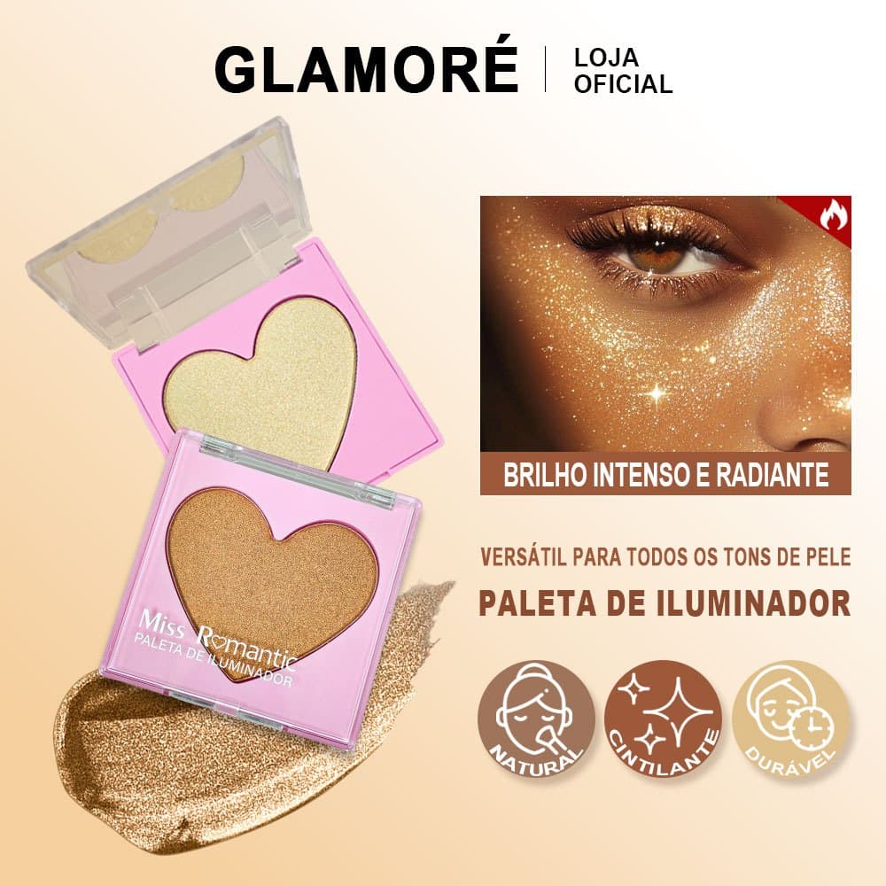 Iluminador Miss Romantic – Formato Coração – 4 Cores – Brilho Intenso e Glow Natural