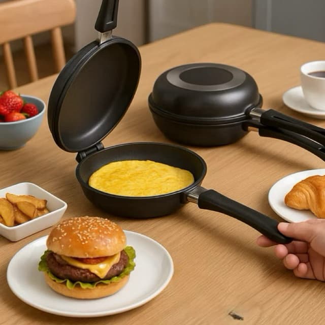Frigideira Dupla 14cm Vermelha e Preta Nacional Antiaderente Omeleteira Hamburgueira Panquecas Ovos Sem Espirrar