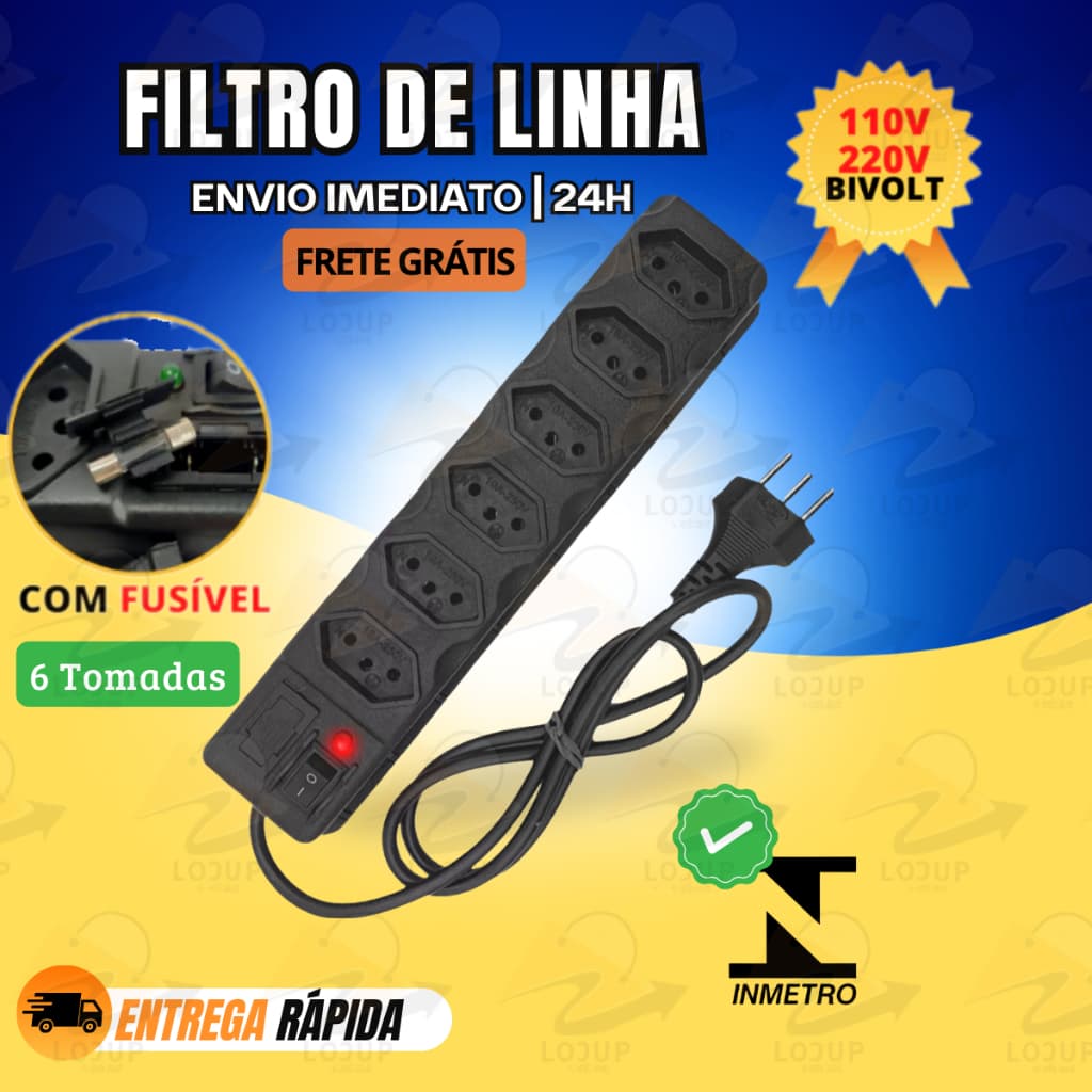 Filtro de Linha RÉGUA DE 6 TOMADAS tripolar 10 Amperes com fusível Pronta Entrega Chave Liga/Desliga