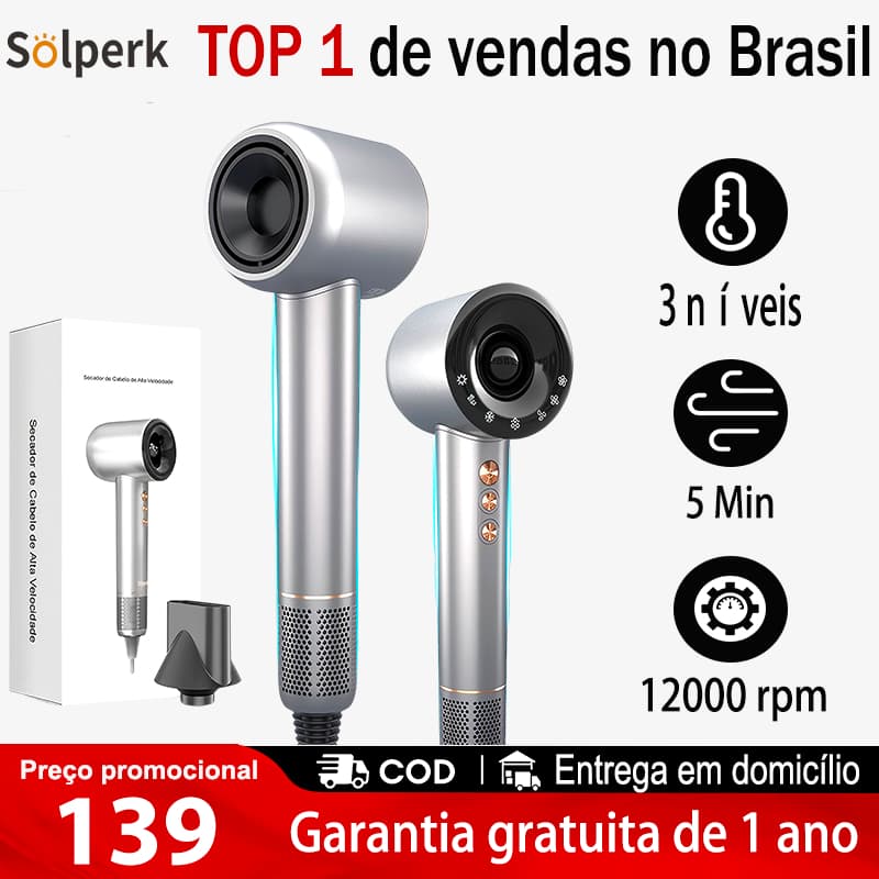 SOLPERK Secador de Cabelo de Alta Velocidade 120000 RPM com Conjunto Magnético e Secagem Rápida Secador de Cabelo Anion