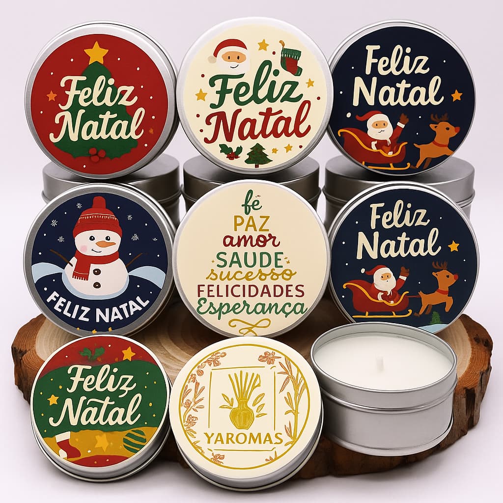 Kit 10/20/30 Velas Aromáticas Natalinas em Lata de Metal – Lembrancinhas Feliz Natal Personalizadas