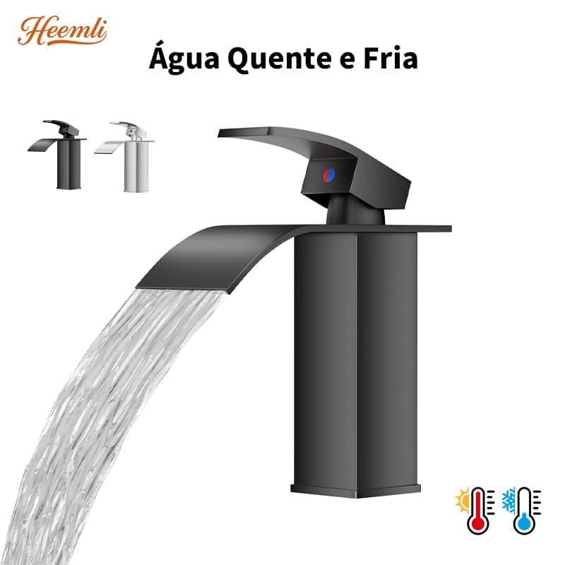 Heemli Torneira de Lavatório Inox Tipo Cascata Curva Baixa Preta de Água Quente e Fria para Banheiro