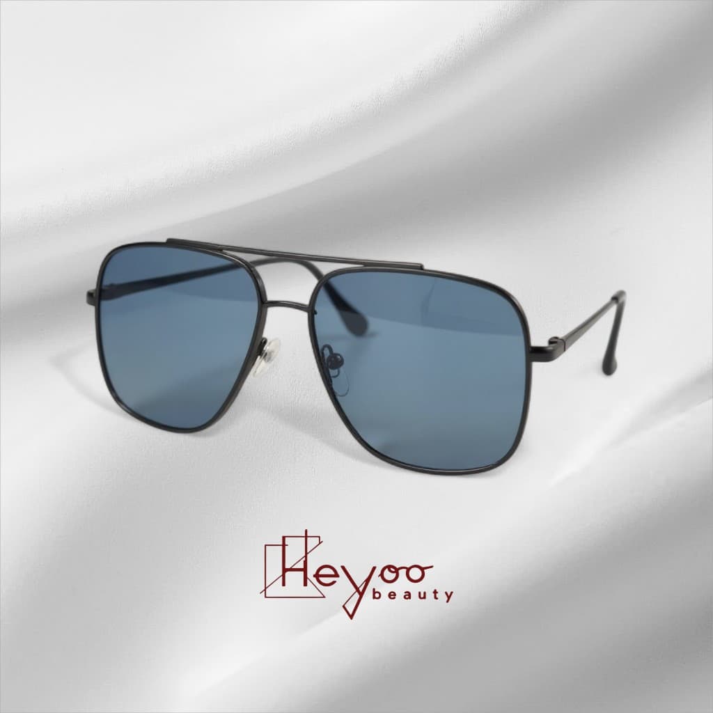 Heyoo beauty Óculos de Sol Piloto Quadrado Duplo Viga Frame Titânio Lentes Azul Escuro Unissex UV400