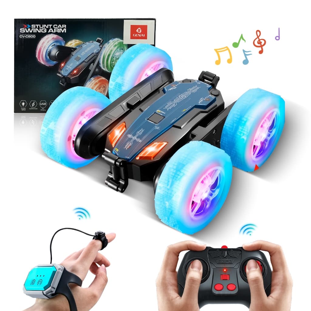 Carro de Controle Remoto Acrobacia,Controle Duplo(Joystick + Relógio Gestos),Rotação 360°, Luzes LED e Música Dinâmica