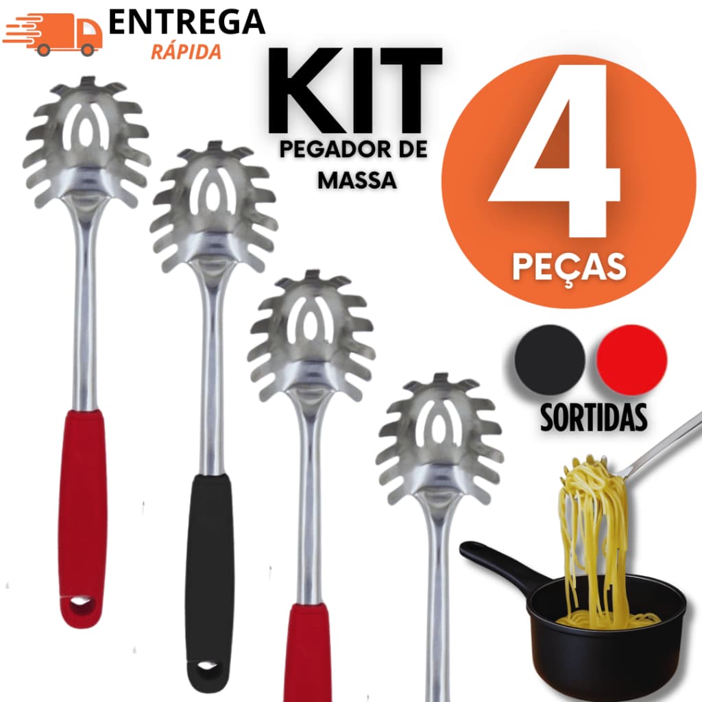 KIT 04 Peças - Pegador de Massas 29CM Linha Black Multiuso Premium Massas em Geral aço inox Casa Cozinha facilidade