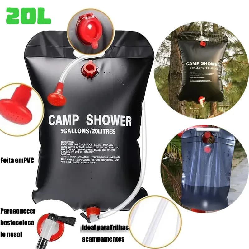 Chuveiro portátil com aquecimento solar, capacidade de 20 litros, ideal para camping