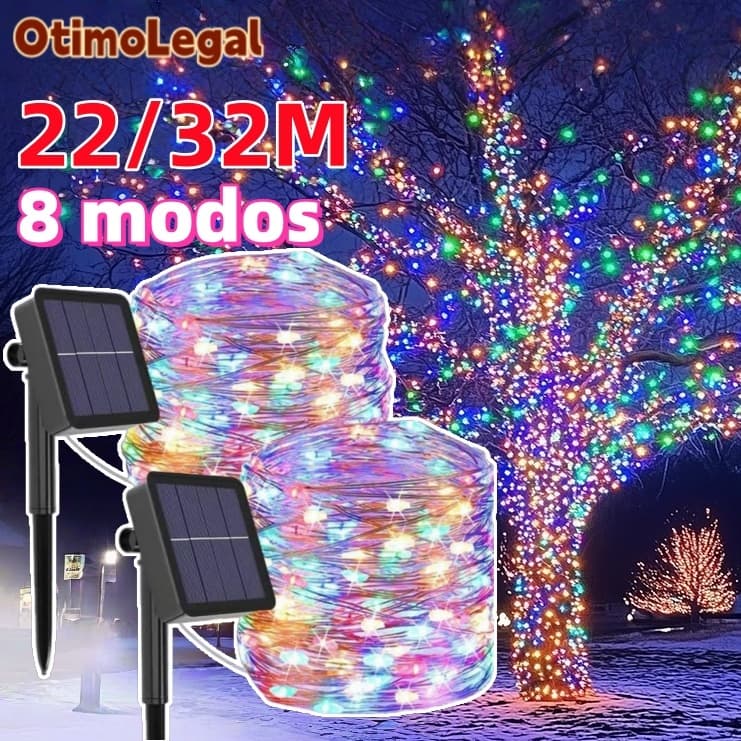 22/32m Corda de Luzes Solares À Prova de Água com 8 Modos para Decoração de Varanda e Festas